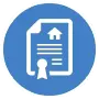 picto-description-camping-divers Pictogramme bleu d'un certificat avec un sceau et une icône de maison, symbolisant les garanties, labels de qualité ou assurances du camping en Corse-du-Sud.