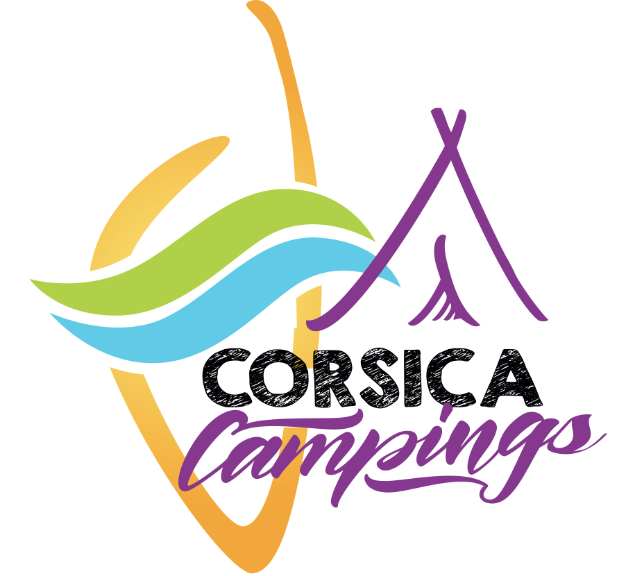 Le logo coloré et dynamique de Corsica Campings symbolise des vacances en Corse, combinant le bleu de la mer et le vert des montagnes, idéal pour les aventuriers amoureux de la nature.