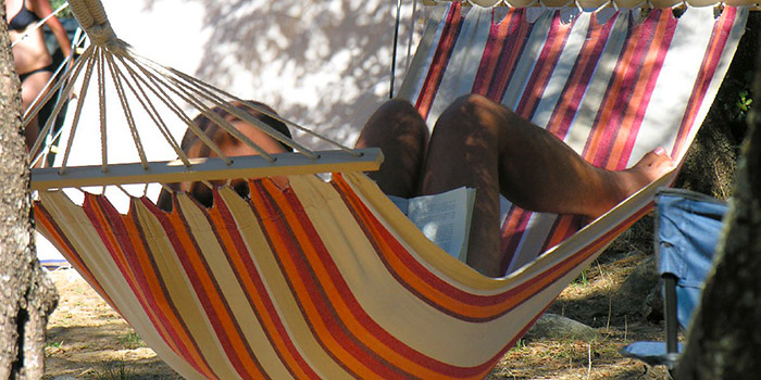 Hamac vibrant sous l'ombre des arbres pour une lecture paisible en extérieur, offrant une évasion relaxante.