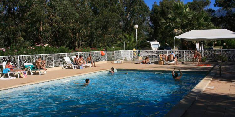 Image d'une piscine extérieure entourée de verdure où familles et amis profitent d'un jour d'été.
