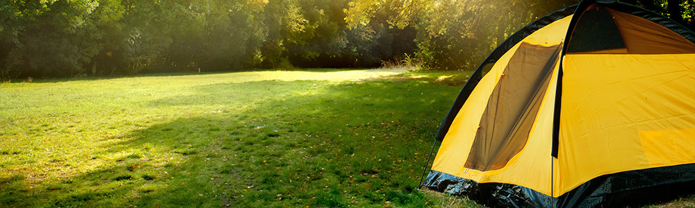Cet espace verdoyant avec tente jaune sous un ciel bleu inspire la détente et la connexion avec la nature, refletant l'esprit de liberté du camping.
