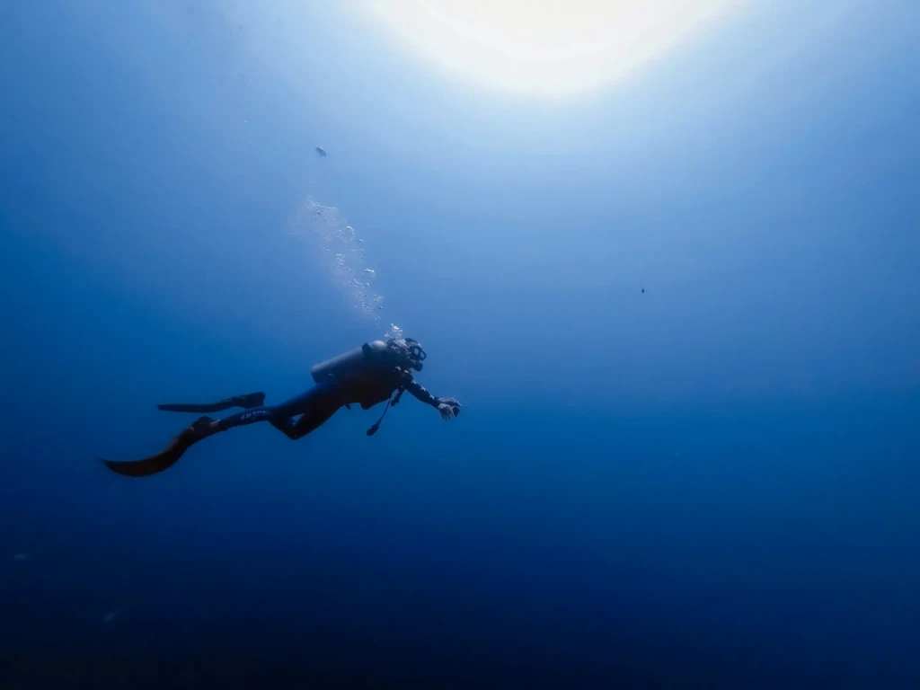 bobbi-wu-illustration-article-plongee-sous-marine Un plongeur en bouteille équipé explorant l'immensité bleue des fonds marins en pleine plongée en Corse-du-Sud sous les rayons du soleil.