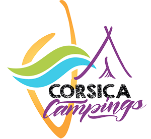 Logo de Corsica Campings illustrant la beauté naturelle de la Corse, idéal pour communiquer sur le tourisme et les campings en plein air.