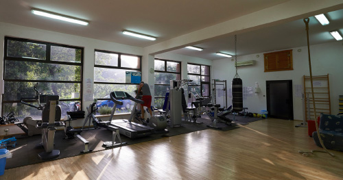 Salle de sport lumineuse avec machines modernes et sol en bois, propice à un entraînement complet et motivant.