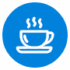 Symbole d'une tasse de café fumant sur fond bleu vif, évoquant chaleur et confort, parfait pour cafés et blogs culinaires.