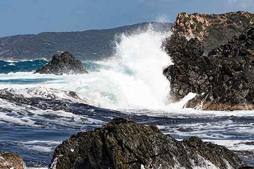Cette image océane illustre la force des vagues s'écrasant sur des rochers, captivant avec ses reflets marins et sa nature sauvage.