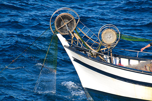 Image d'un bateau de pêche glissant sur une mer claire et azur sous le soleil, symbolisant la sérénité maritime et le lien entre l'homme et la nature.