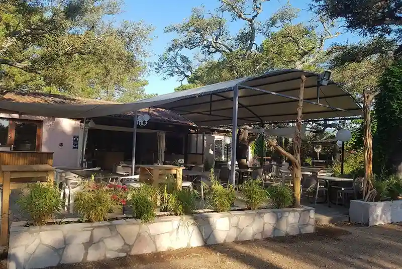 Réception et terrasse ombragée du Camping U Stabiacciu à Porto-Vecchio.