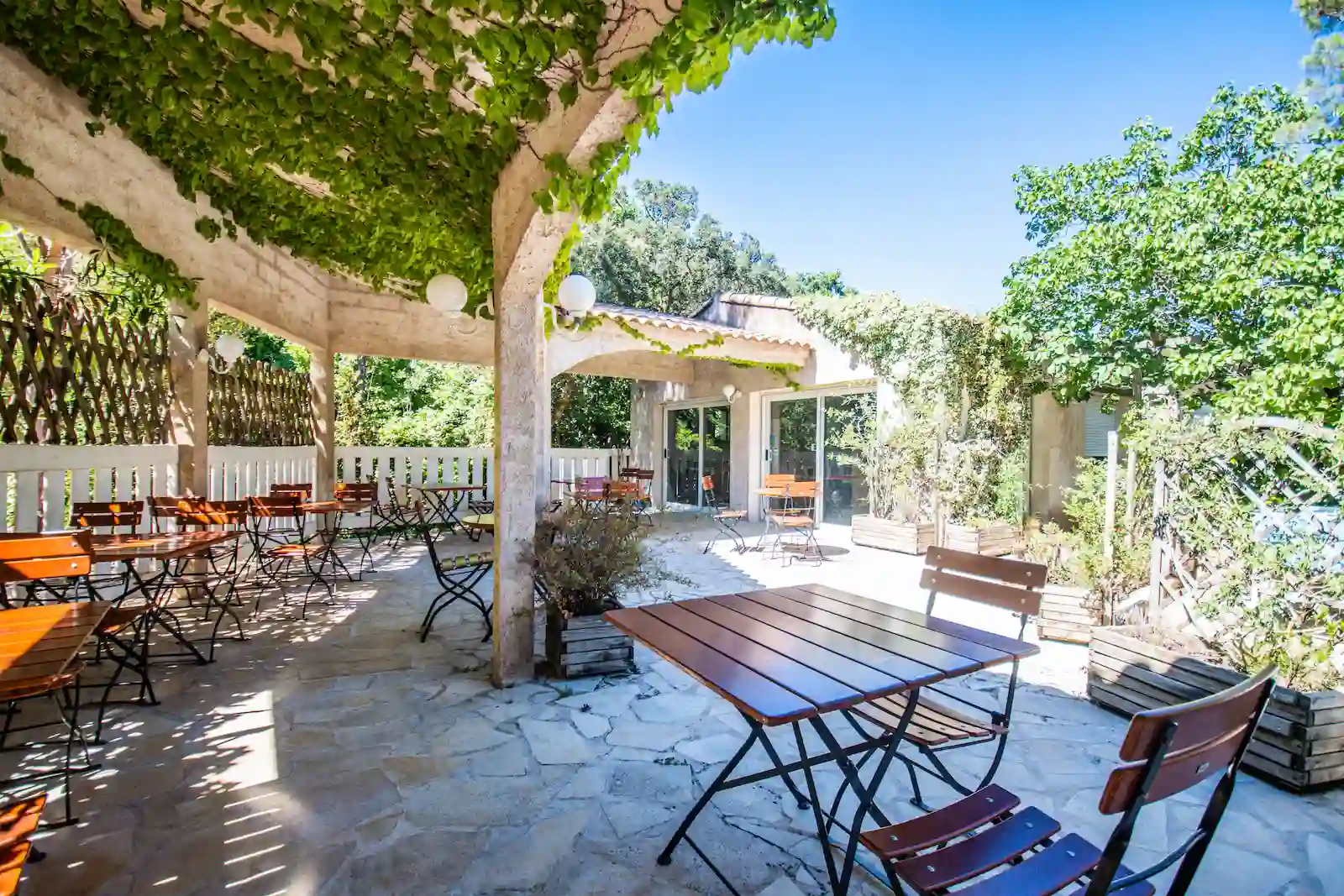 Allée de circulation ombragée bordée de lauriers roses et de chênes au Camping Santa Lucia.