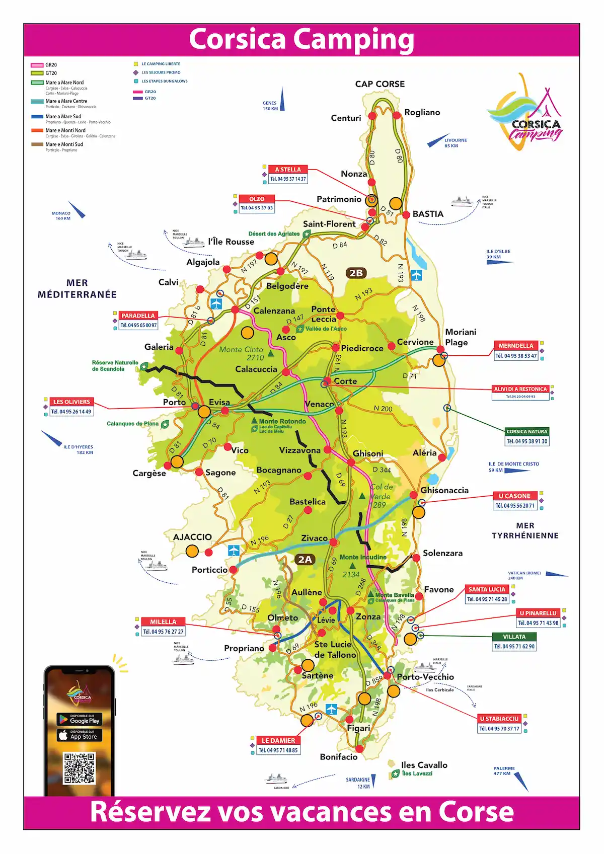 Carte des meilleurs campings en Corse-du-Sud avec emplacements tentes et bungalows proches de Porto-Vecchio, Bonifacio, Propriano et Ajaccio pour des vacances en bord de mer.