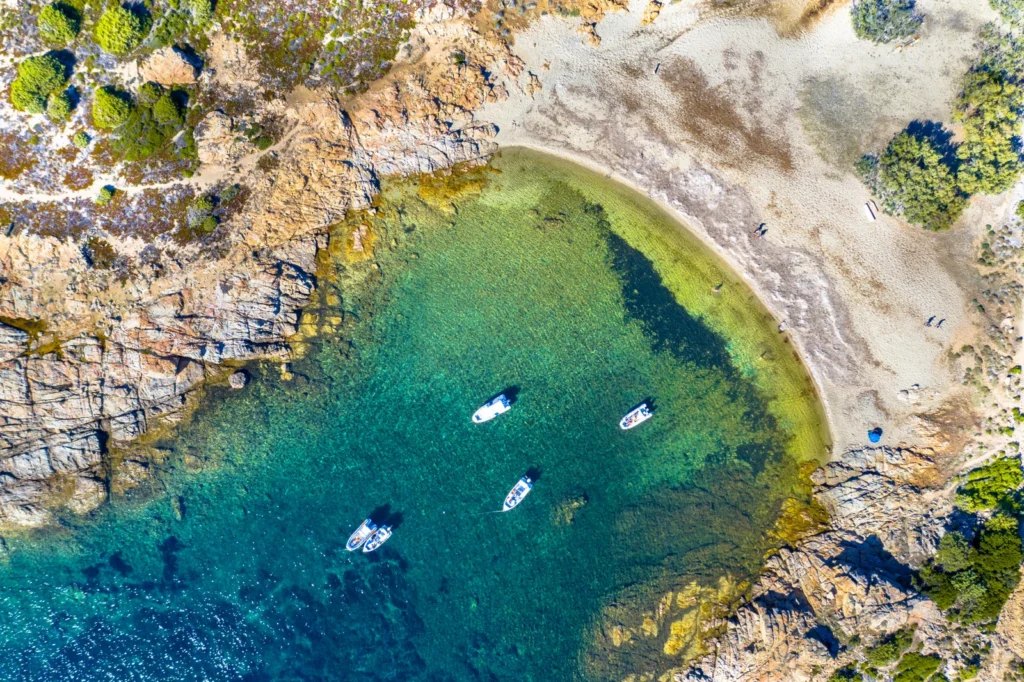 Bateaux de pêche traditionnels amarrés dans un port de Méditerranée sous un ciel bleu azur.