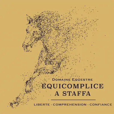 Logo du Domaine Équestre Equicomplice à Staffa, représentant une silhouette de cheval stylisée en pointillés sur fond ocre avec les valeurs Liberté, Compréhension, Confiance.