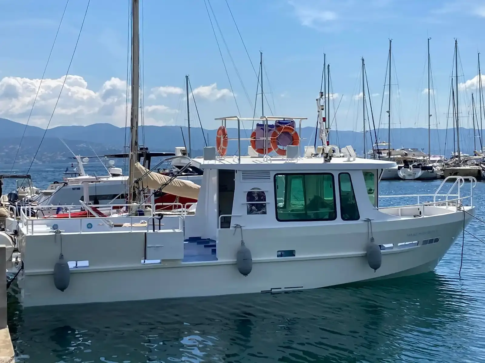 Bateau de promenade Porto Linea amarré dans le port de Porto avec les montagnes corses en arrière-plan.