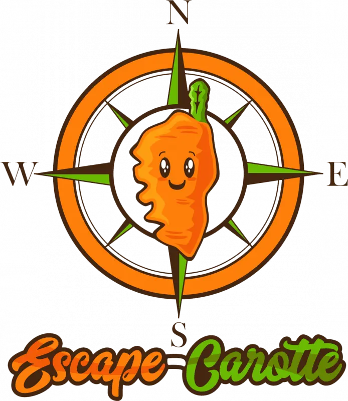 logo-escape-carotte Logo d'Escape Carotte représentant une carotte souriante ayant la forme de la Corse, au centre d'une boussole orange et verte.