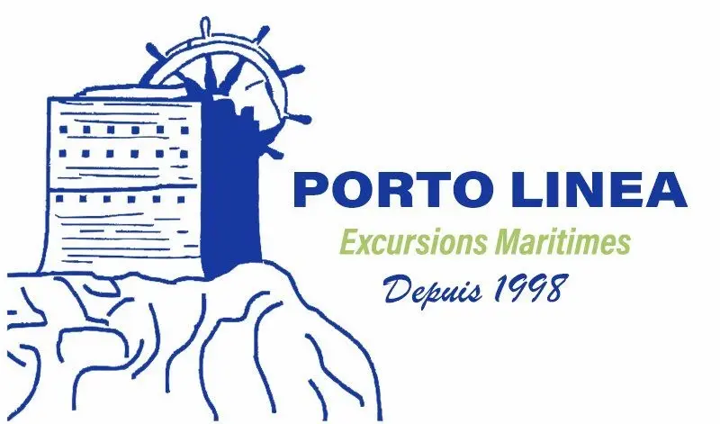 logo-porto-linea-excursion-balade-bateau-en-corse Logo officiel de Porto Linea représentant une tour génoise et une barre de gouvernail, avec la mention Excursions Maritimes depuis 1998.
