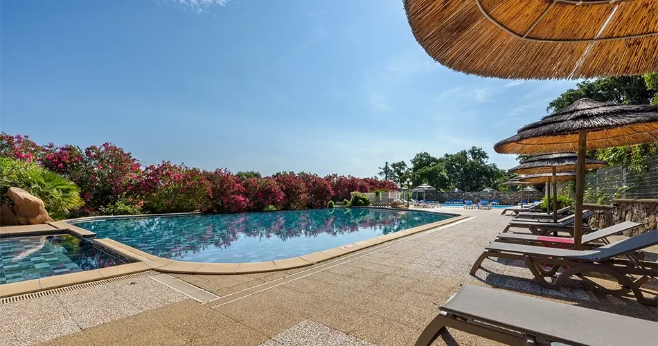 Piscine et parasols au Camping U Pirellu